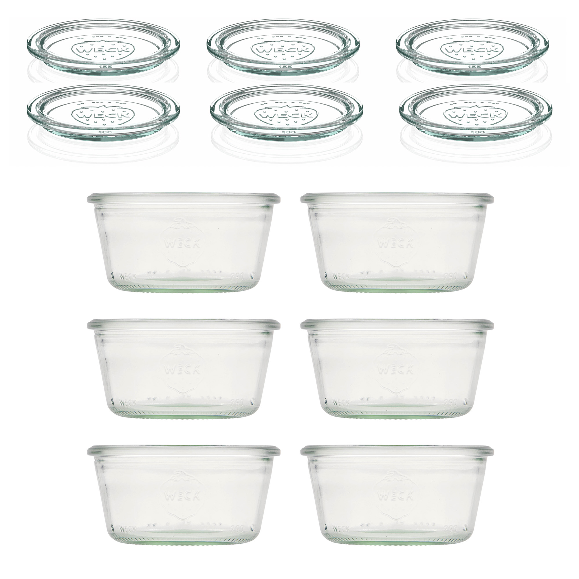 6x 290 ml plitka WECK-staklenka za stavljanje naopako sa staklenim poklopcem RR 100