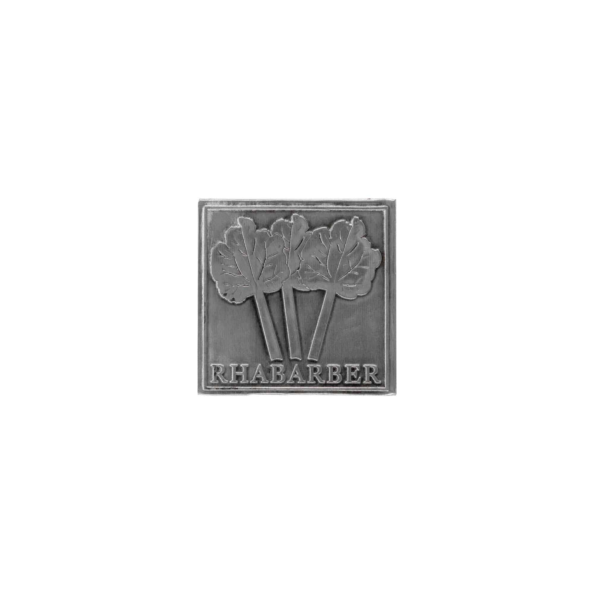 Kositrena naljepnica 'Rabarbara', kvadratna, metal, srebro Kositrena naljepnica 'Rabarbara', kvadratna, metal, srebro