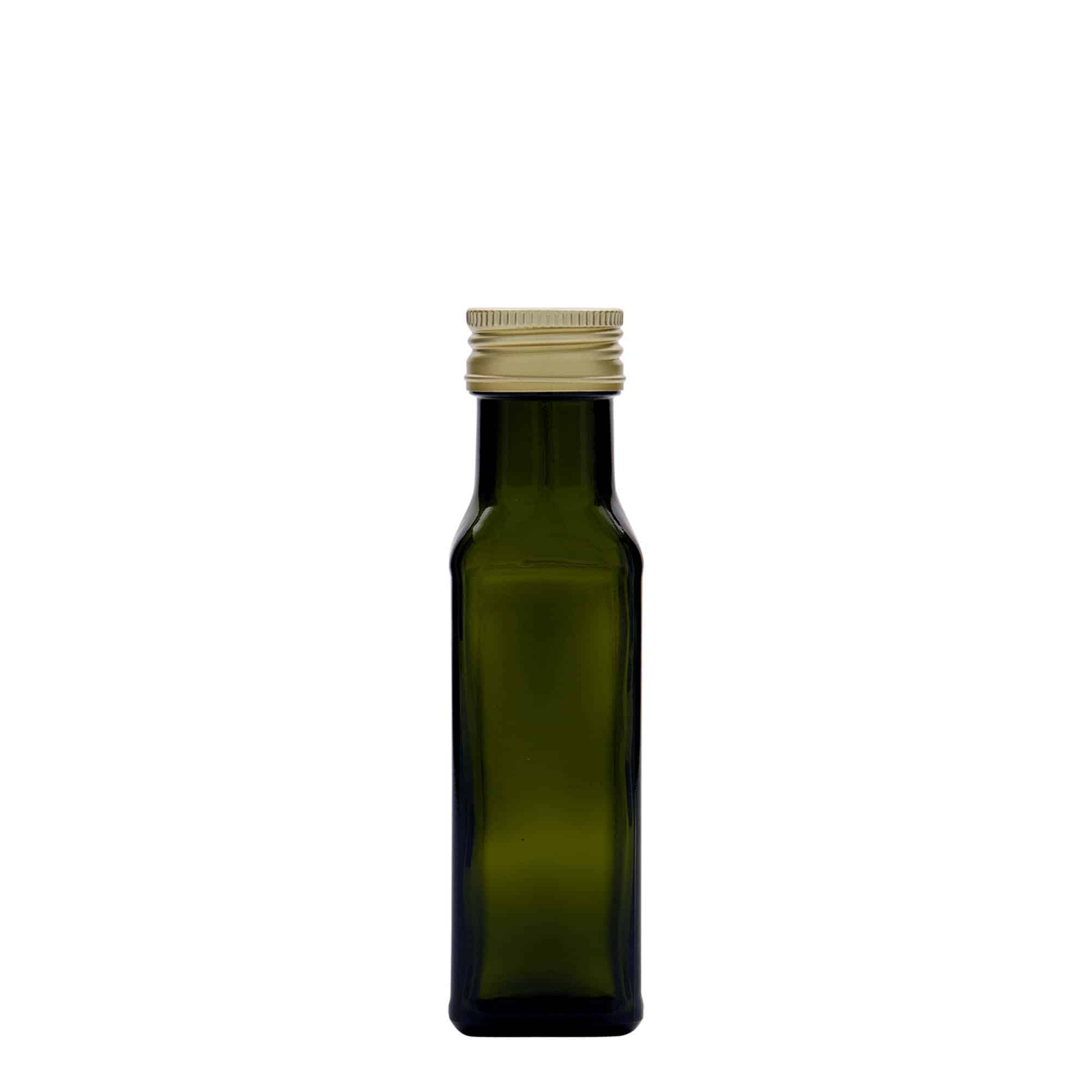 100 ml staklena boca 'Marasca', četvrtasta, antikno zelena, grlo: PP 31,5