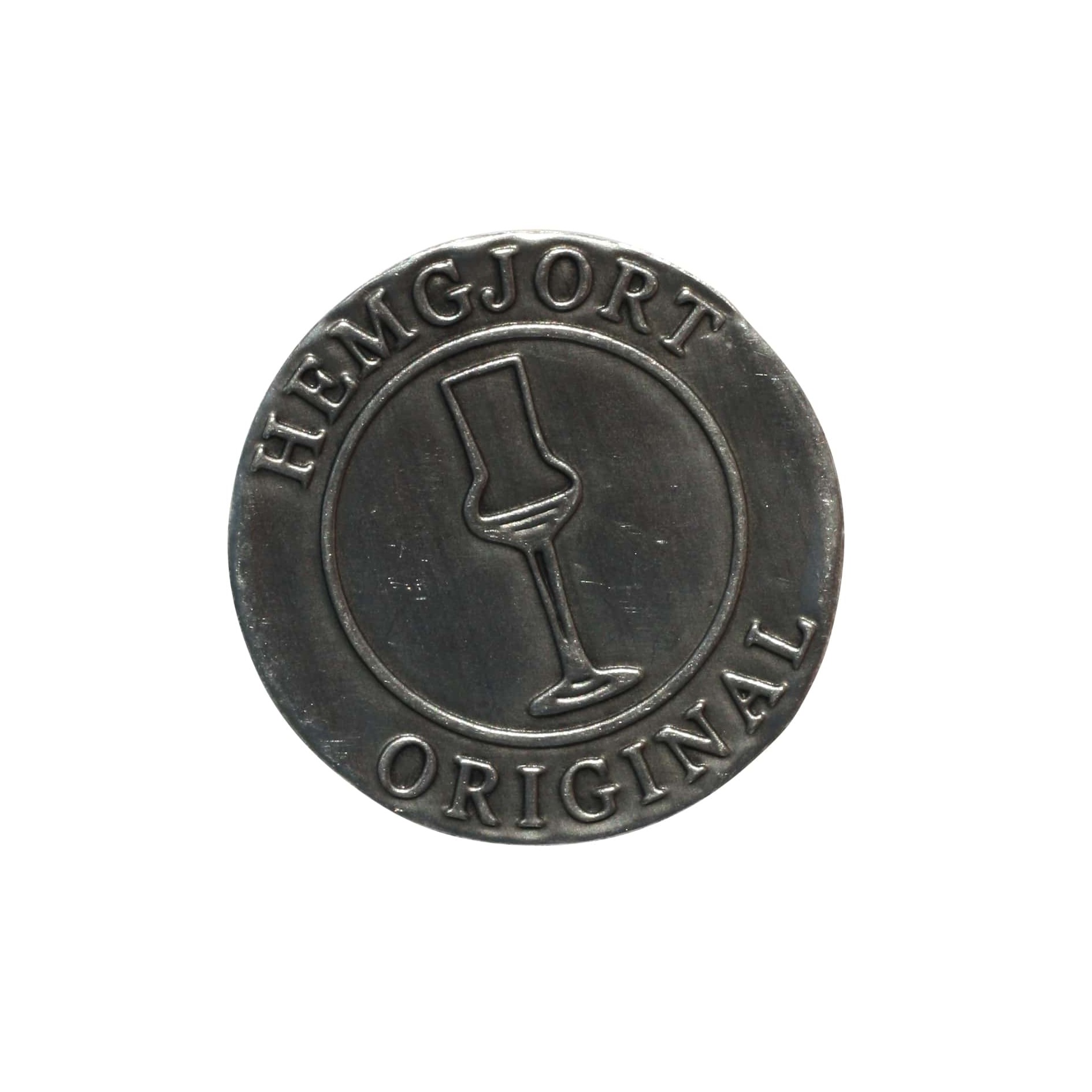 Oznaka od kositra 'Hemgjort Original', okrugla, metalna, srebrna Oznaka od kositra 'Hemgjort Original', okrugla, metalna, srebrna
