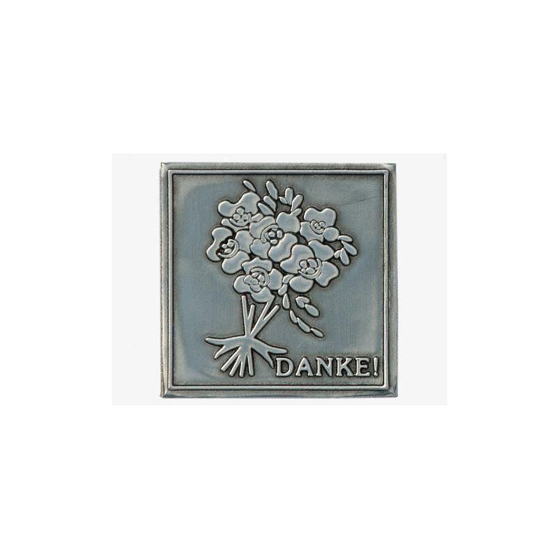 Oznaka za limenku 'Danke', kvadratna, metalna, srebrna Oznaka za limenku 'Danke', kvadratna, metalna, srebrna