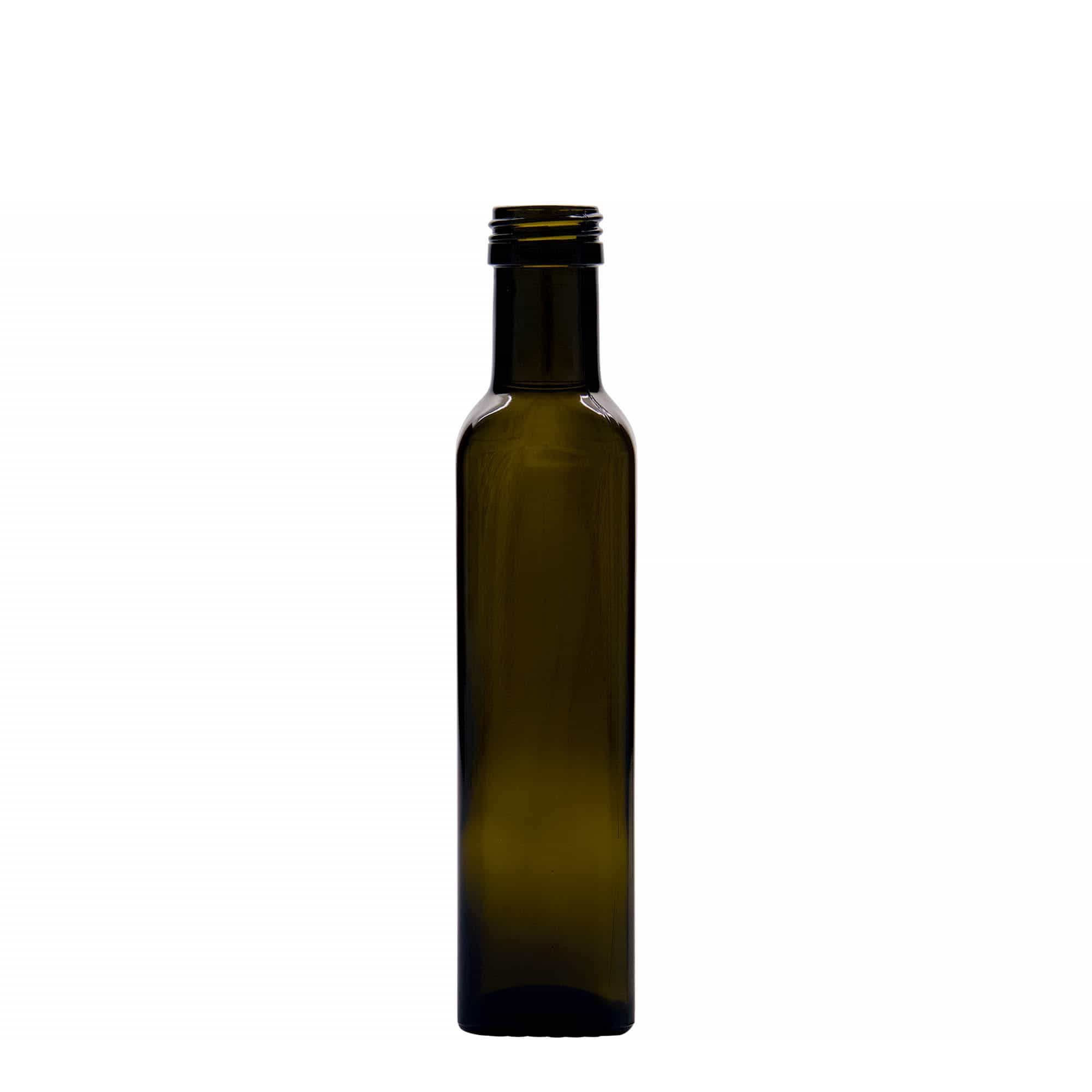 250 ml staklena boca 'Marasca', kvadratna, antičko zelena, grlo: PP 31,5