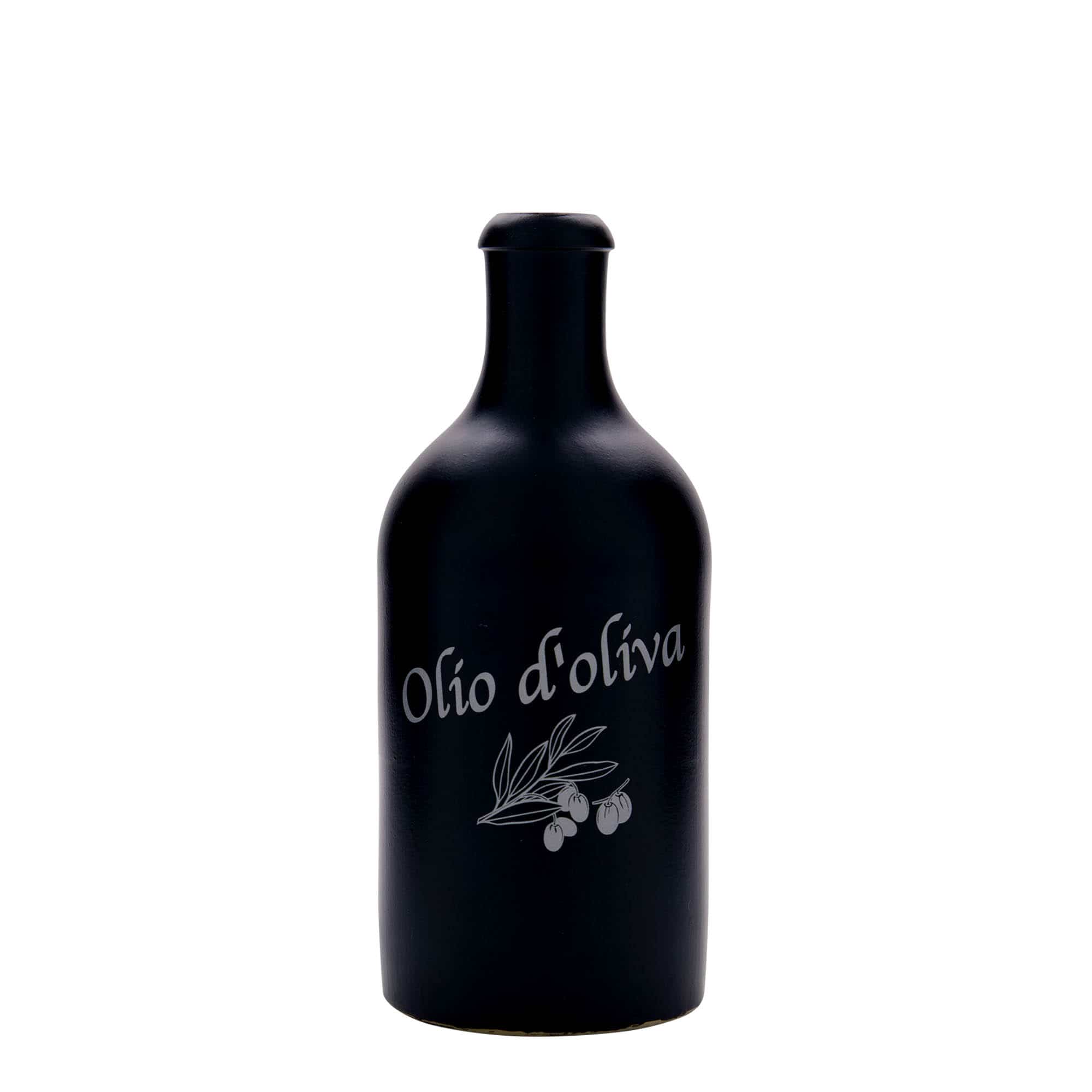 Glineni vrč 500 ml, motiv: Olio d'Oliva, keramika, crni, otvor: pluteni čep