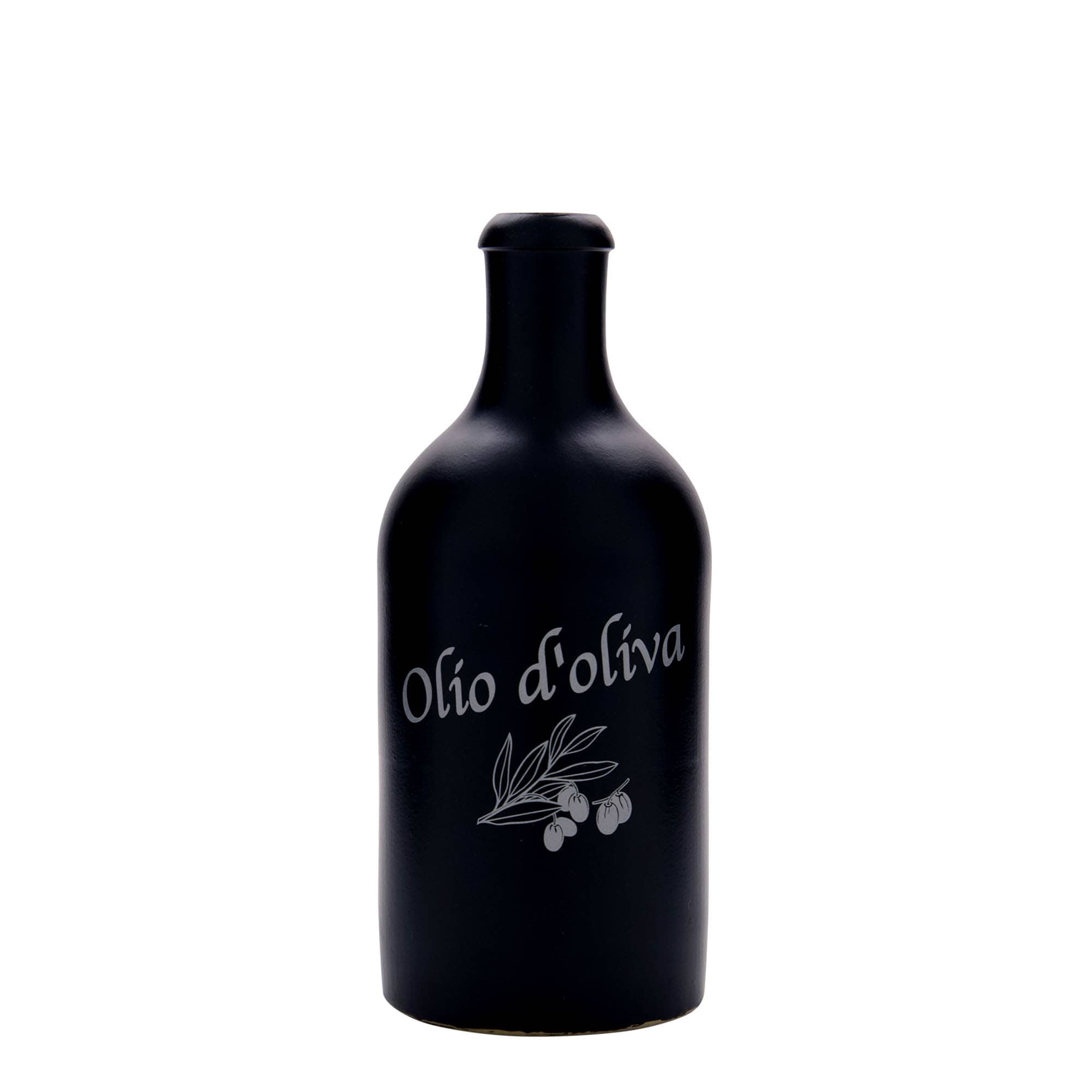 500 ml glineni vrč, motiv: Olio d'Oliva, kamenina, crni, otvor: pluta