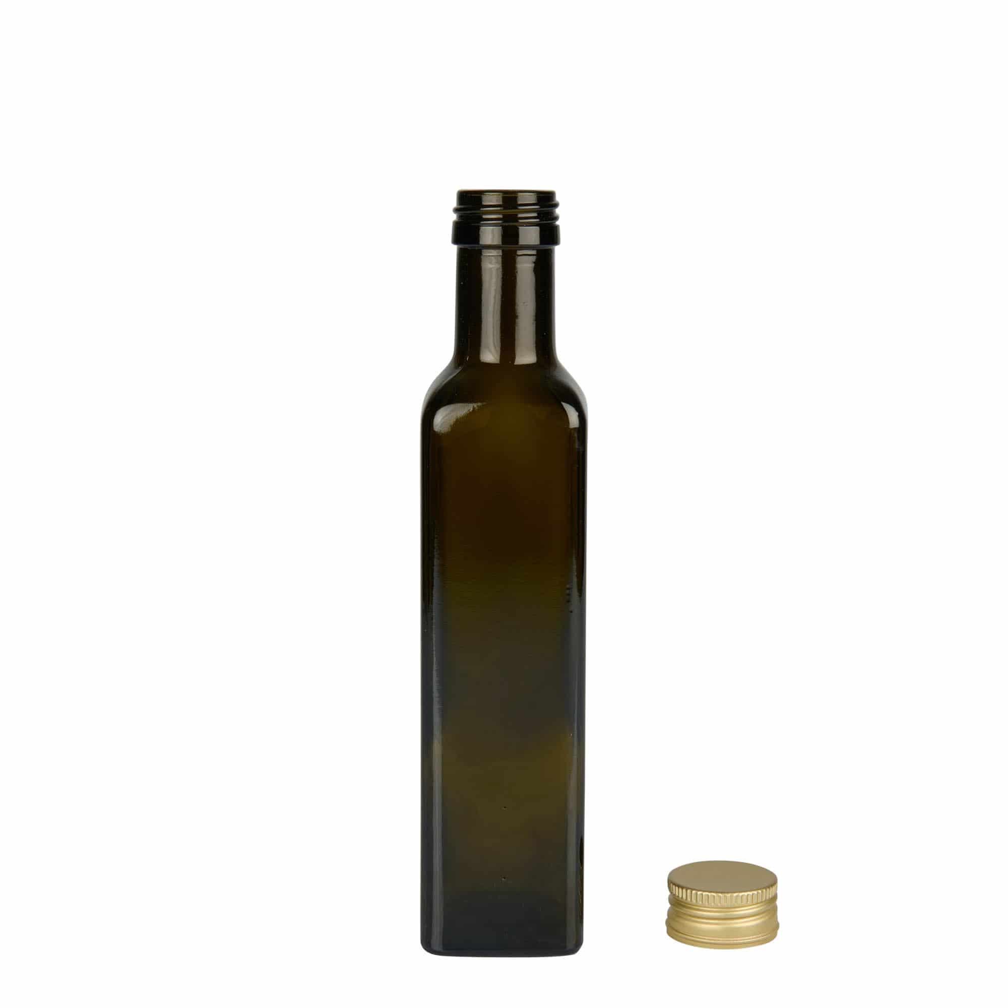250 ml staklena boca 'Marasca', kvadratna, antičko zelena, grlo: PP 31,5