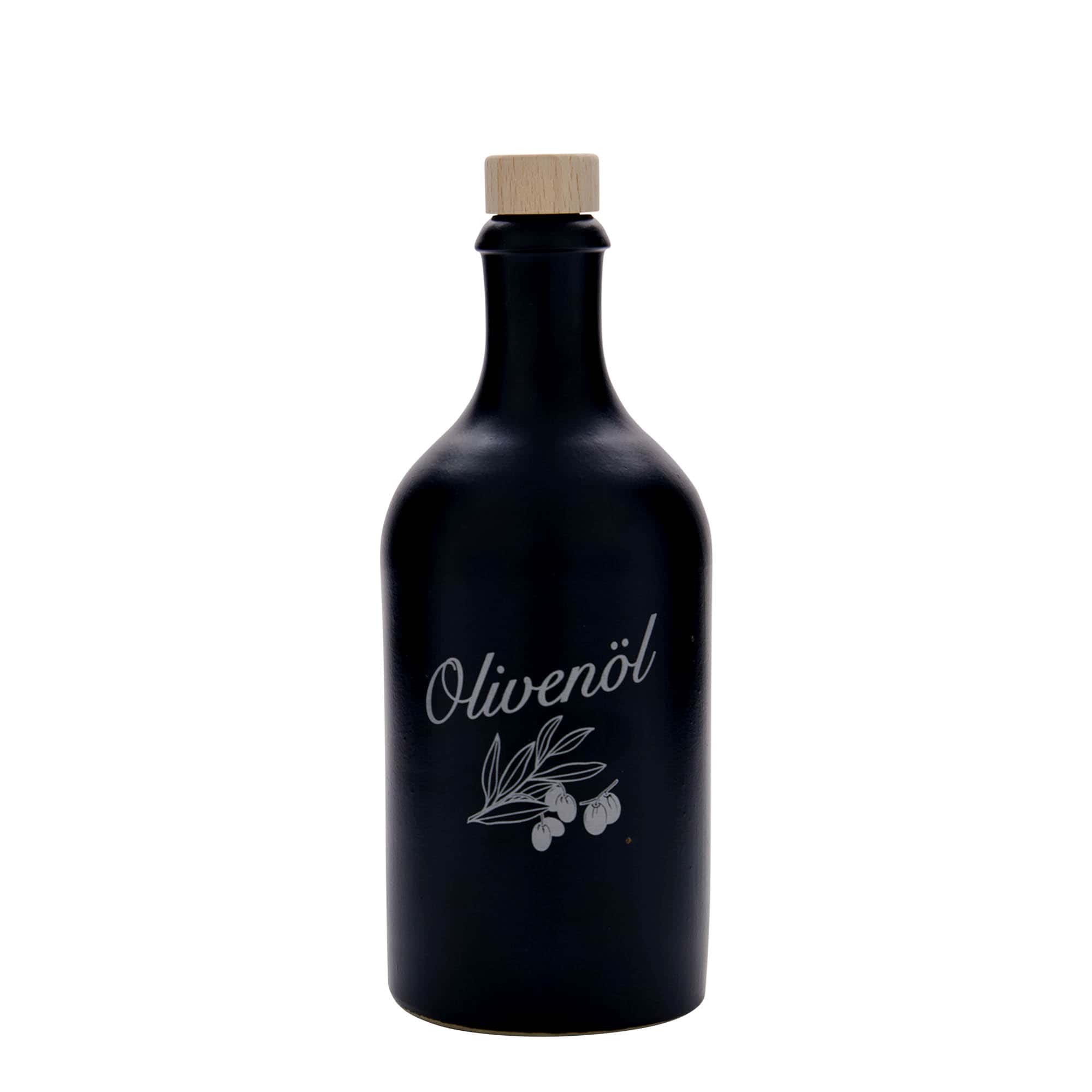 500 ml vrč za glinu, motiv: maslinovo ulje, kamenina, crni, otvor: pluta