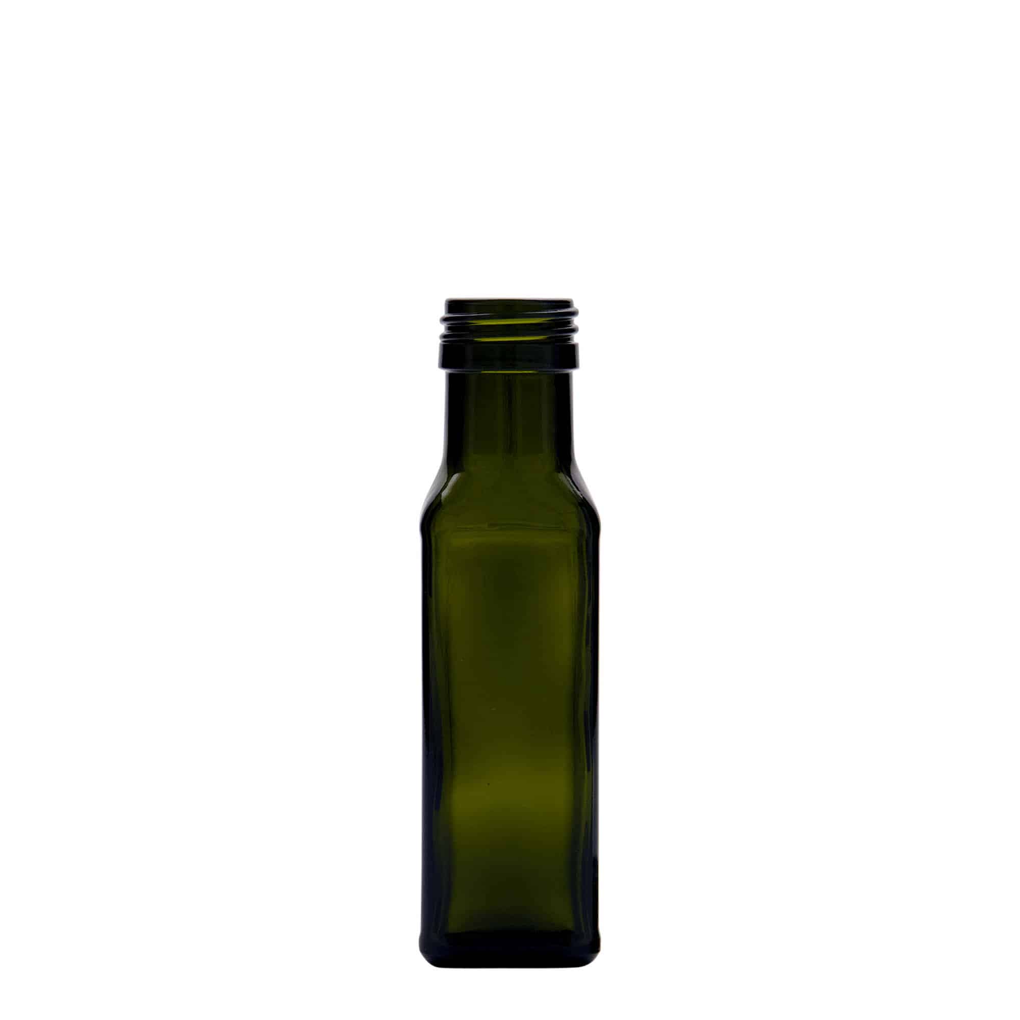 Staklena boca 100 ml 'Marasca', kvadratna, antikno zelena, otvor: PP 31,5