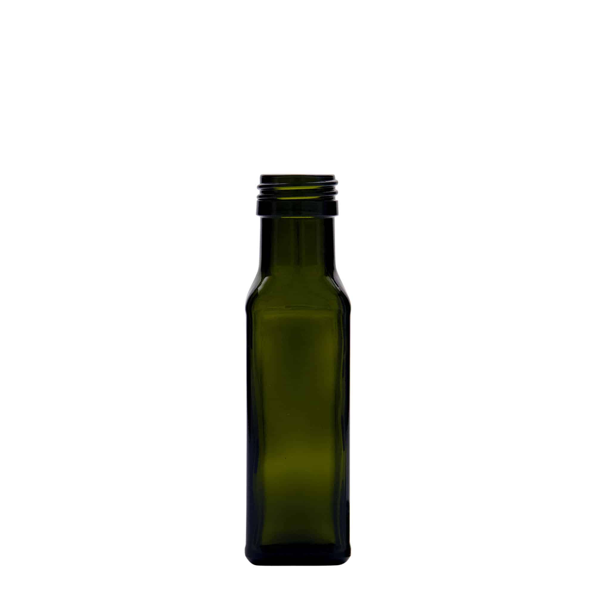 100 ml staklena boca 'Marasca', četvrtasta, antikno zelena, grlo: PP 31,5