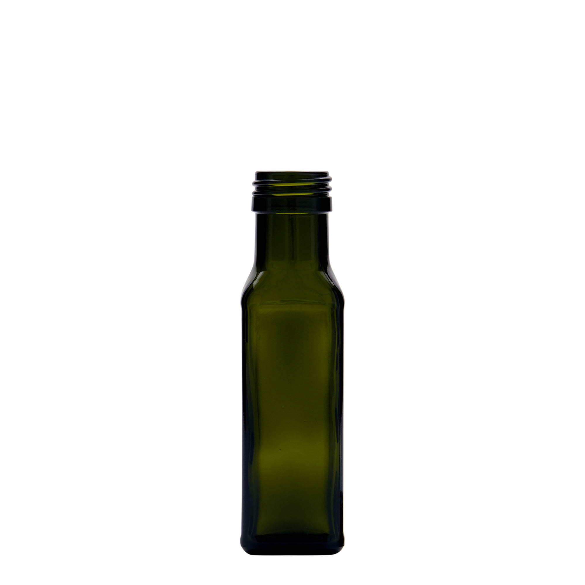 100 ml staklena boca 'Marasca', četvrtasta, antikno zelena, grlo: PP 31,5 100 ml staklena boca 'Marasca', četvrtasta, antikno zelena, grlo: PP 31,5