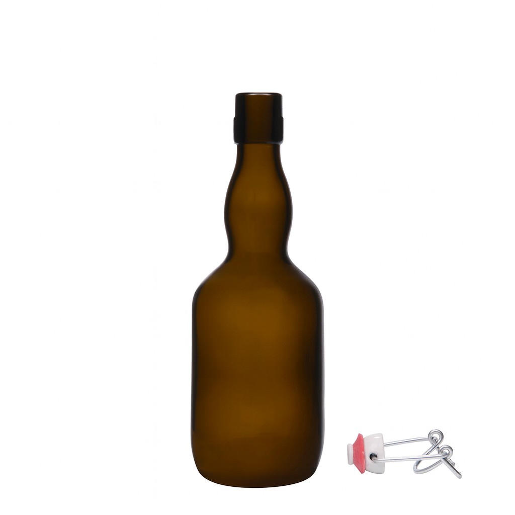 500 ml boca za pivo s grlom, staklo, antikno zeleno, otvor: zatvarač s kopčom