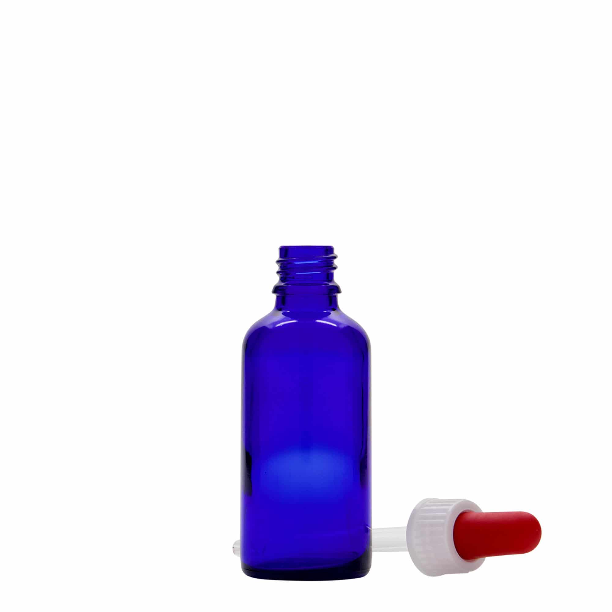 50 ml bočica s kapaljkom, medicinska, staklena, kraljevsko plava-crvena, grlo: DIN 18
