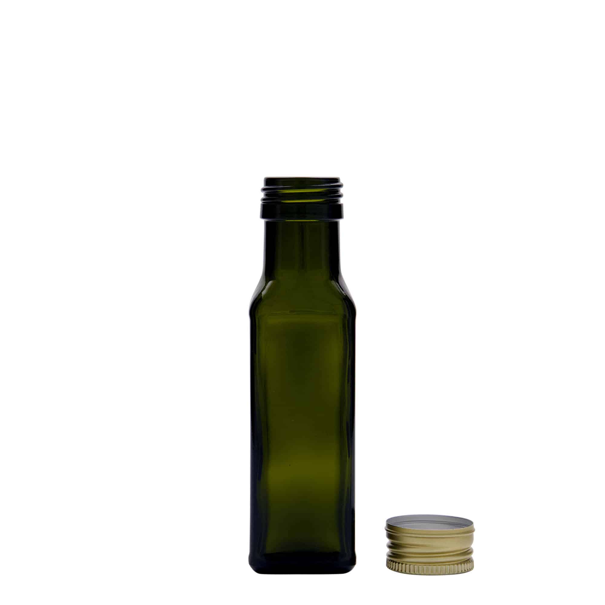 100 ml staklena boca 'Marasca', četvrtasta, antikno zelena, grlo: PP 31,5