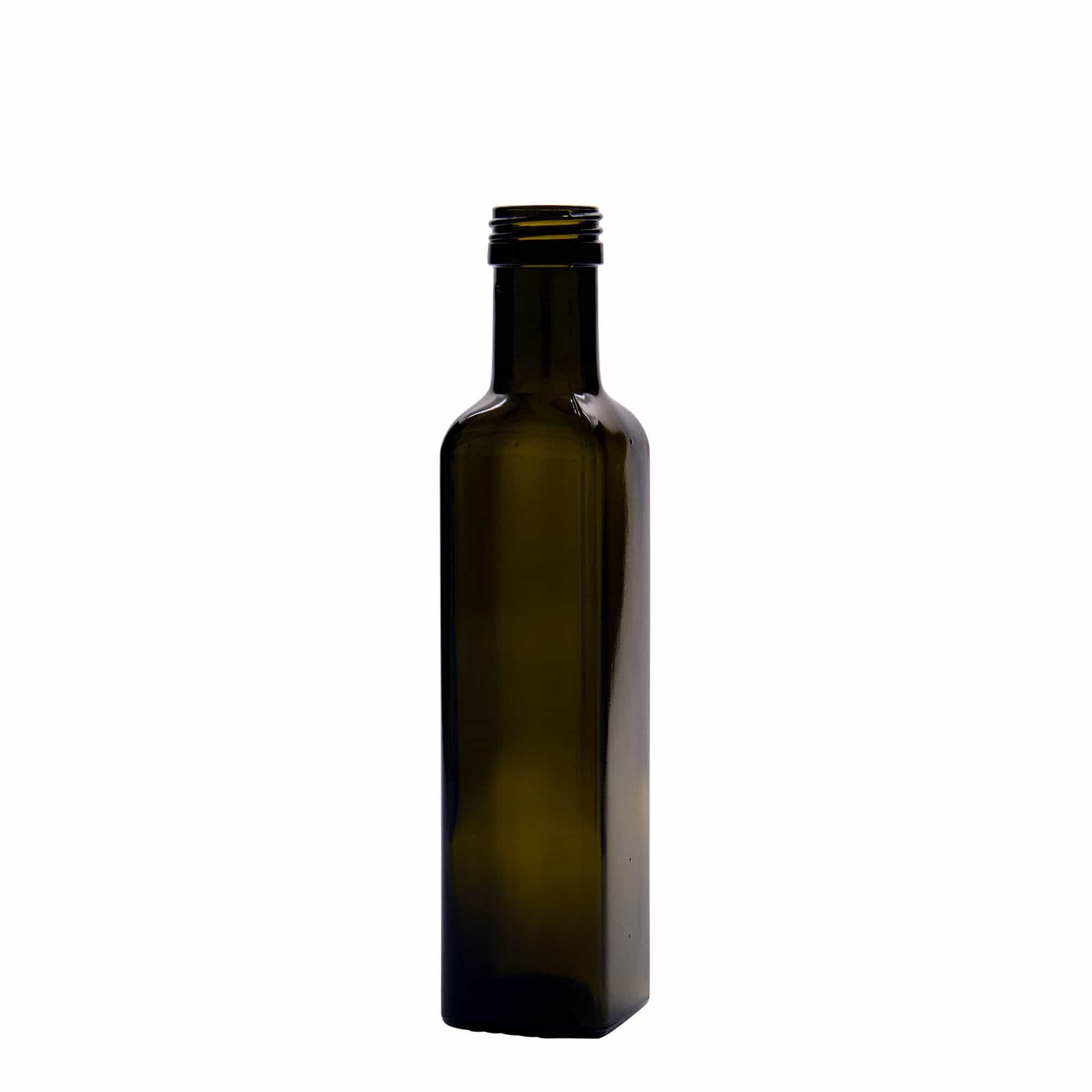 250 ml staklena boca 'Marasca', kvadratna, antičko zelena, grlo: PP 31,5