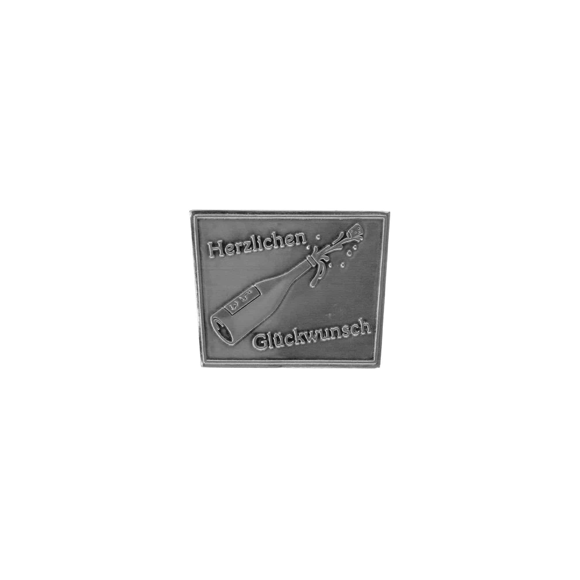 Kositrena naljepnica 'Iskrene čestitke', trapezna, metal, srebro Kositrena naljepnica 'Iskrene čestitke', trapezna, metal, srebro