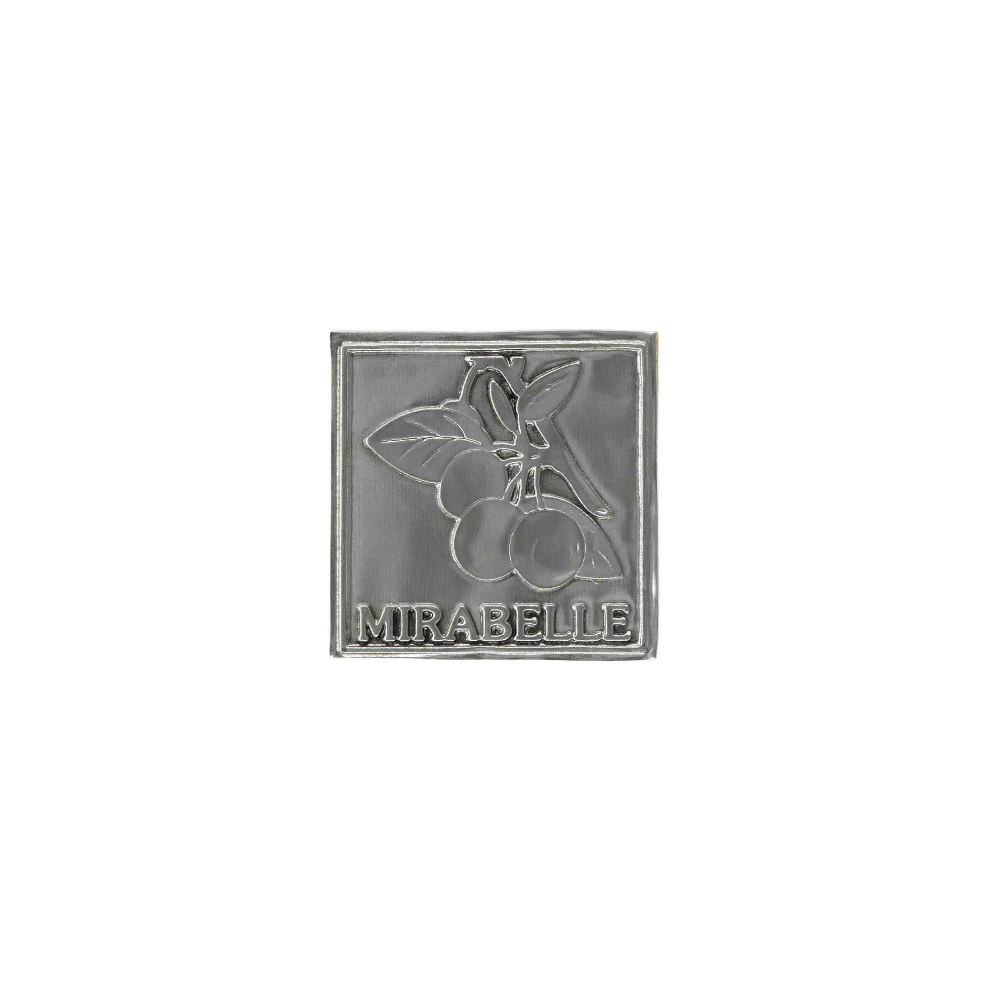 Oznaka za limenku 'Mirabelle', kvadratna, metalna, srebrna Oznaka za limenku 'Mirabelle', kvadratna, metalna, srebrna