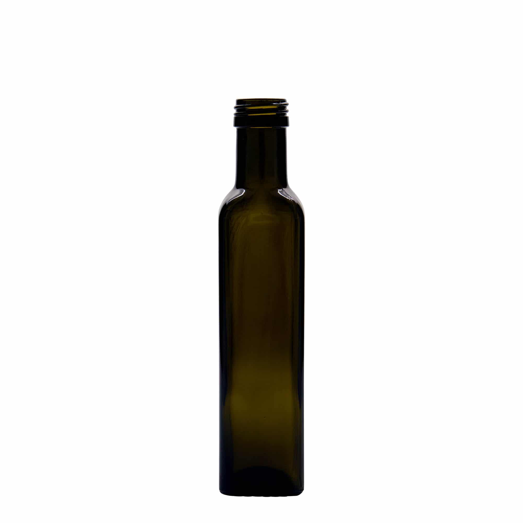 Staklena boca 250 ml 'Marasca', kvadratna, antikno zelena, otvor: PP 31,5 Staklena boca 250 ml 'Marasca', kvadratna, antikno zelena, otvor: PP 31,5