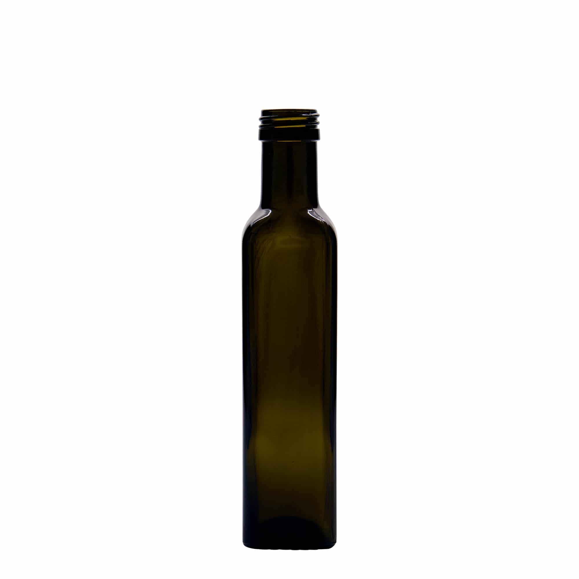 250 ml staklena boca 'Marasca', kvadratna, antičko zelena, grlo: PP 31,5