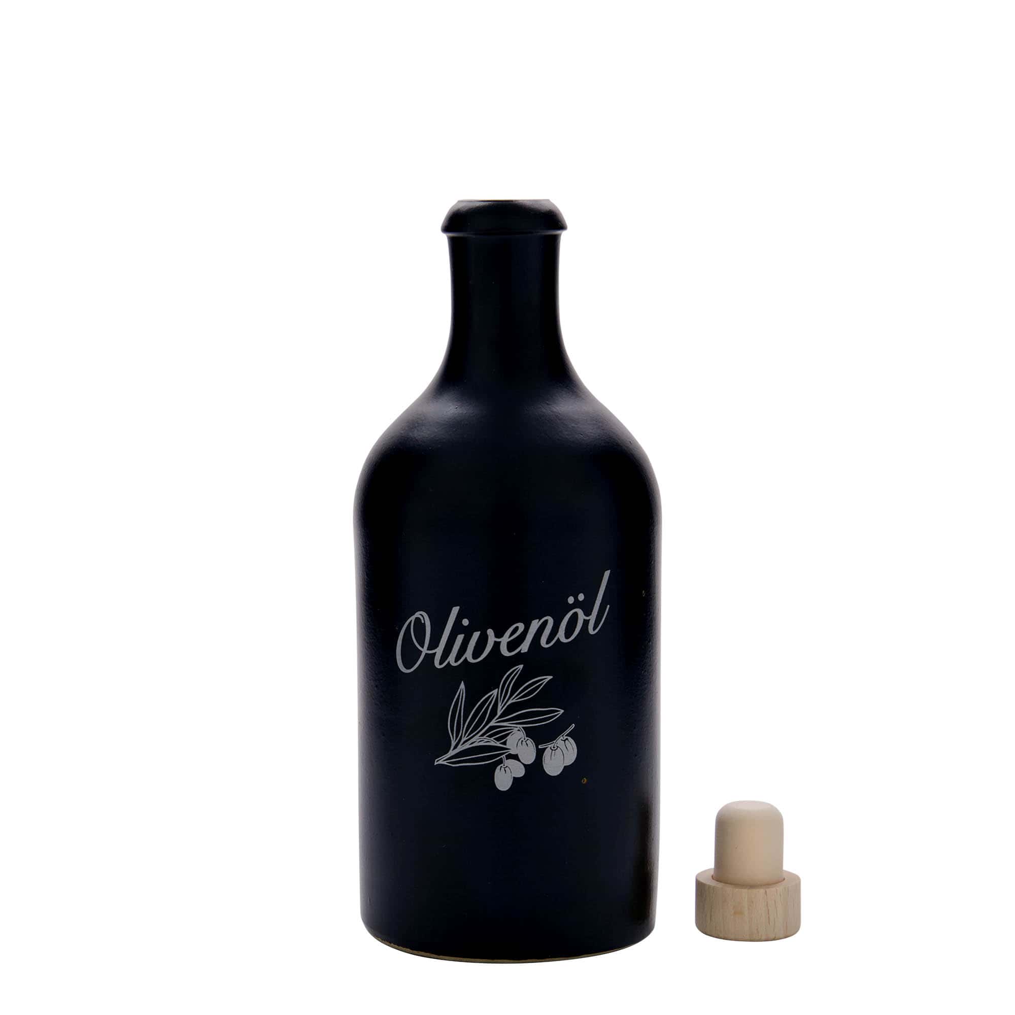 500 ml vrč za glinu, motiv: maslinovo ulje, kamenina, crni, otvor: pluta