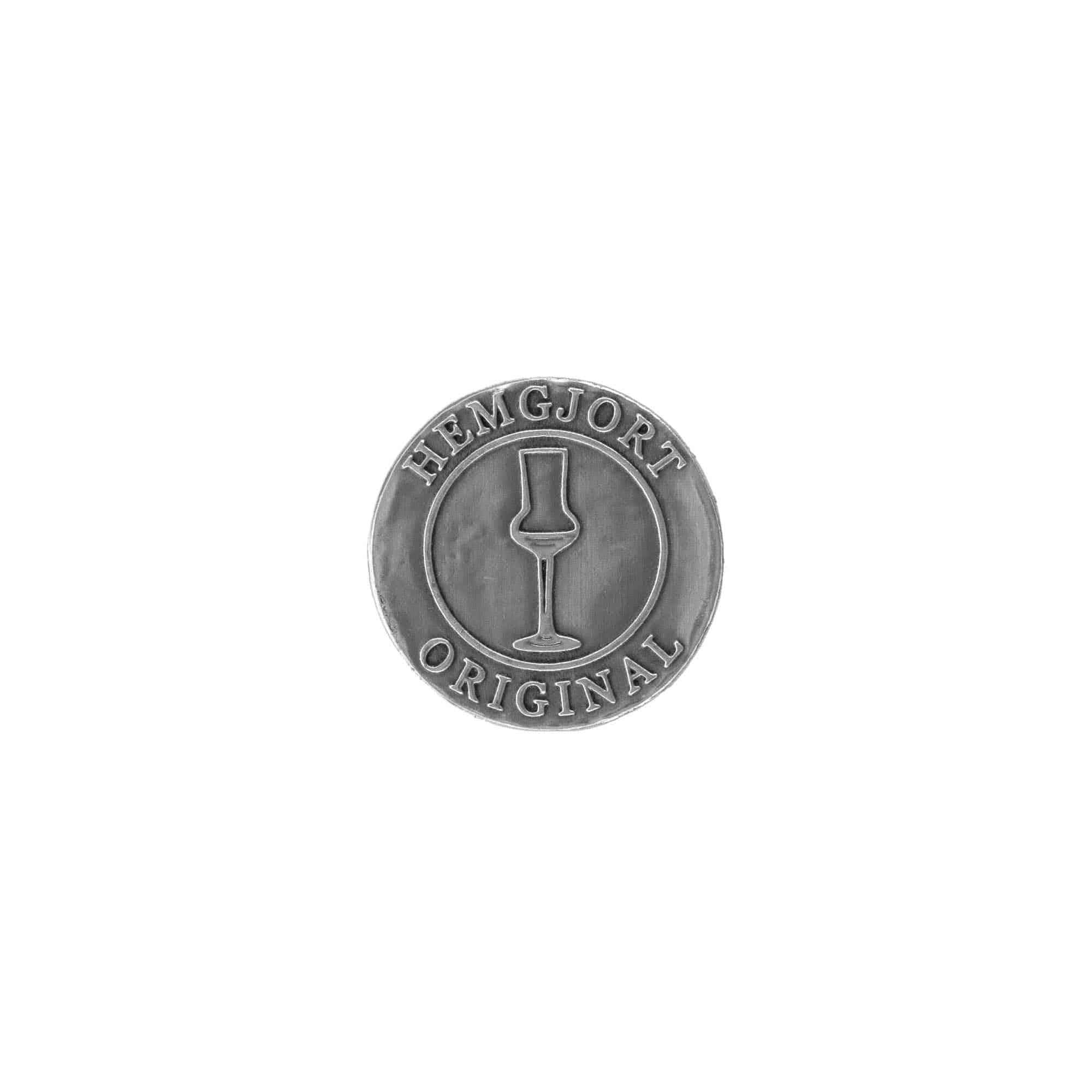 Kositrena naljepnica 'Hemgjort Original', okrugla, metal, srebro Kositrena naljepnica 'Hemgjort Original', okrugla, metal, srebro