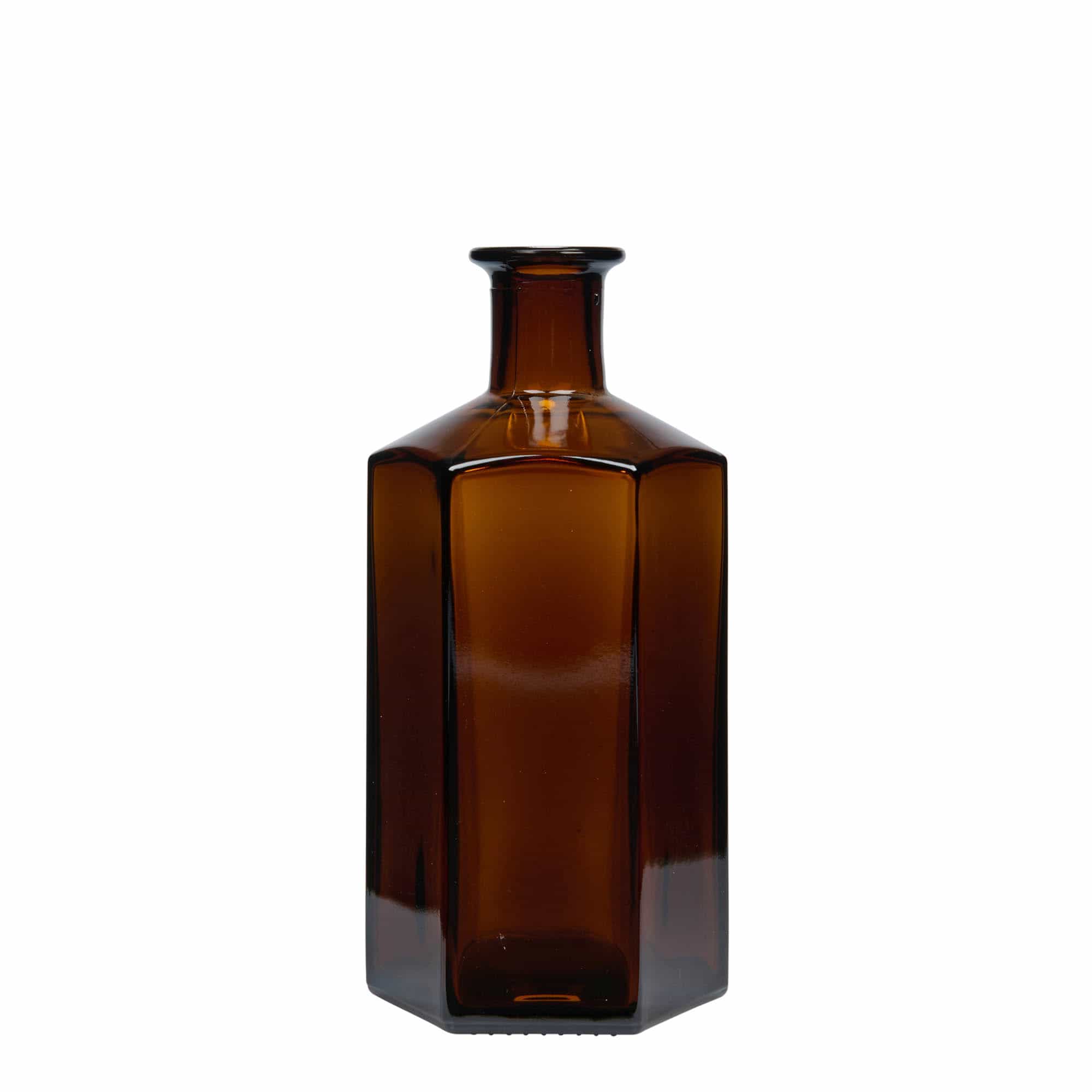 Apotekarska staklena boca 500 ml 'Jimmy'. šesterokutna. smeđa. otvor: pluteni čep Apotekarska staklena boca 500 ml 'Jimmy'. šesterokutna. smeđa. otvor: pluteni čep