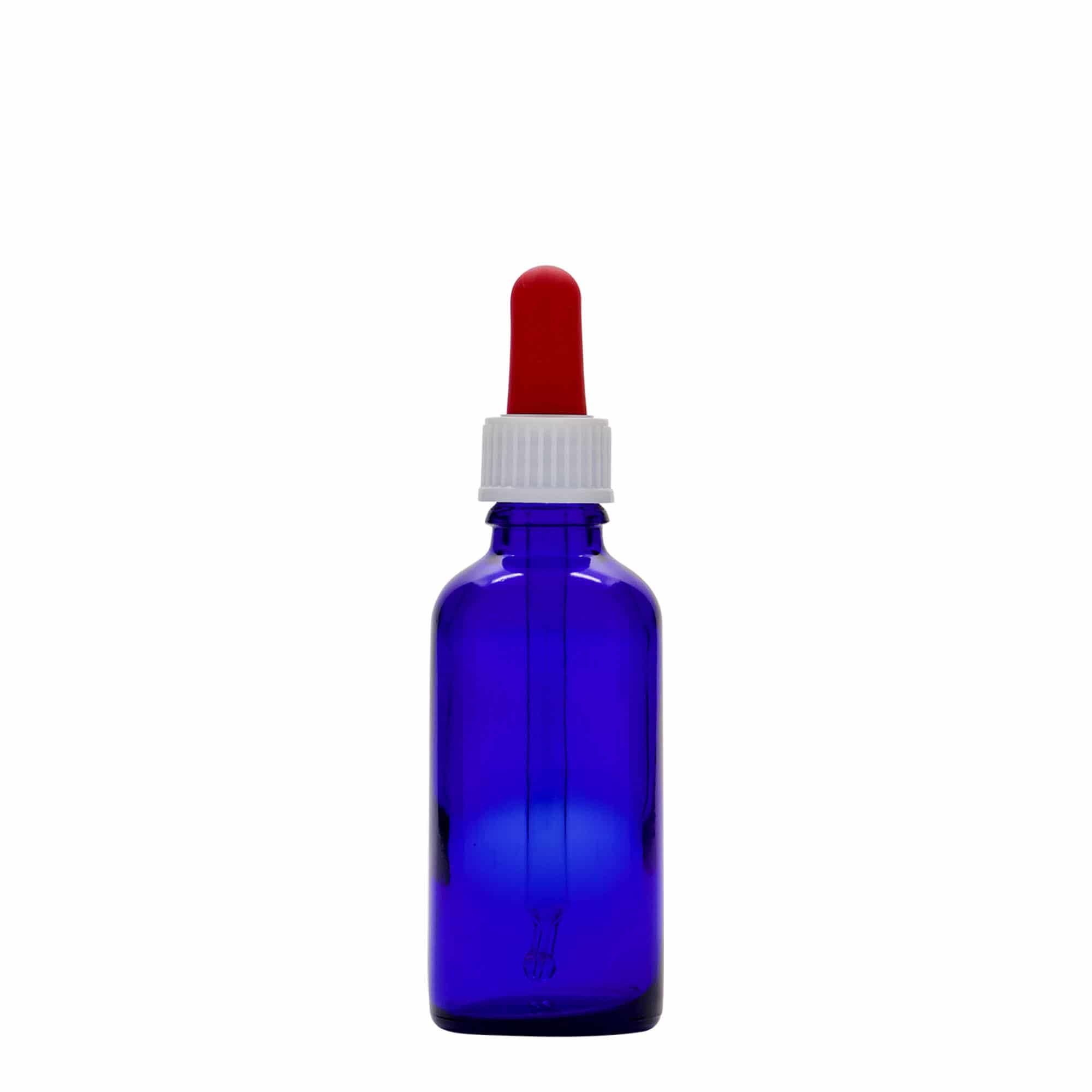 50 ml bočica s kapaljkom, medicinska, staklena, kraljevsko plava-crvena, grlo: DIN 18