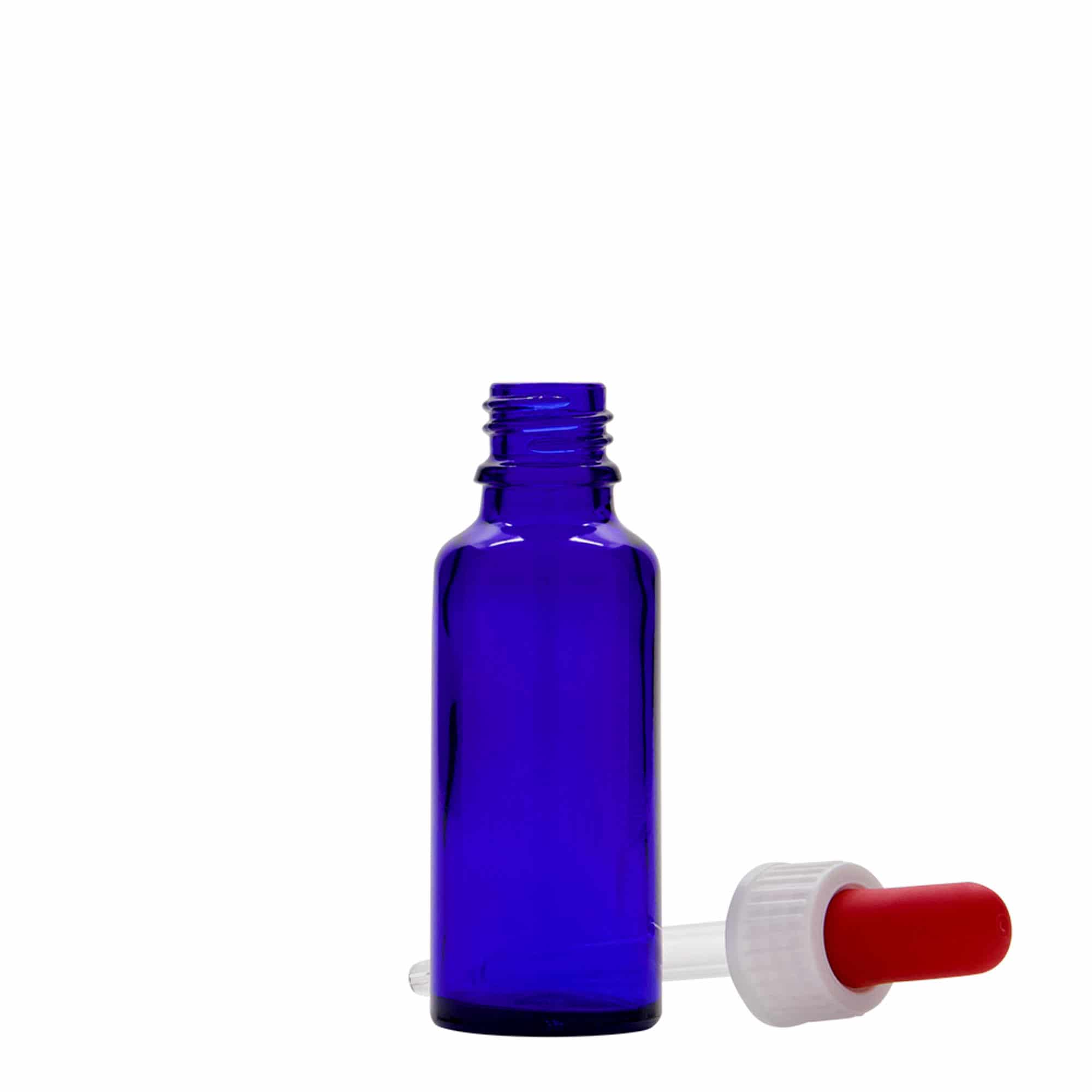 Farmaceutska bočica s pipetom 30 ml, staklo, kraljevski plava-crvena, otvor: DIN 18